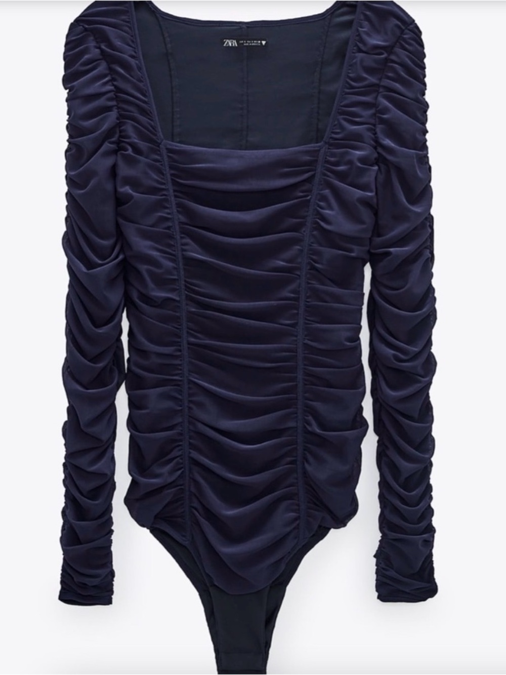Zara Navy Ruched Long Sleeve Bodysuit